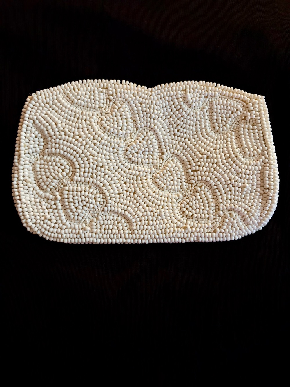 Vintage Cream Satin and Hand  Beaded Heart Motif Clutch Made in Japan. New
